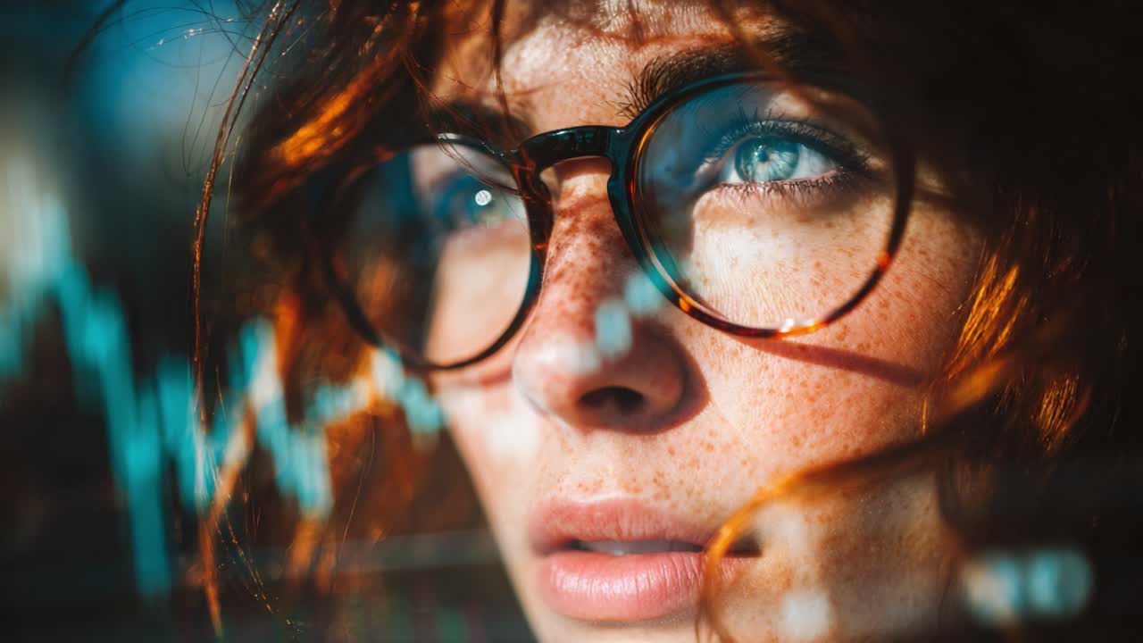 Captivating Close-up of a Thoughtful Individual with Freckled Skin and Glasses Reflecting Stock Market Trends for Insights into Modern Financial Mindsets