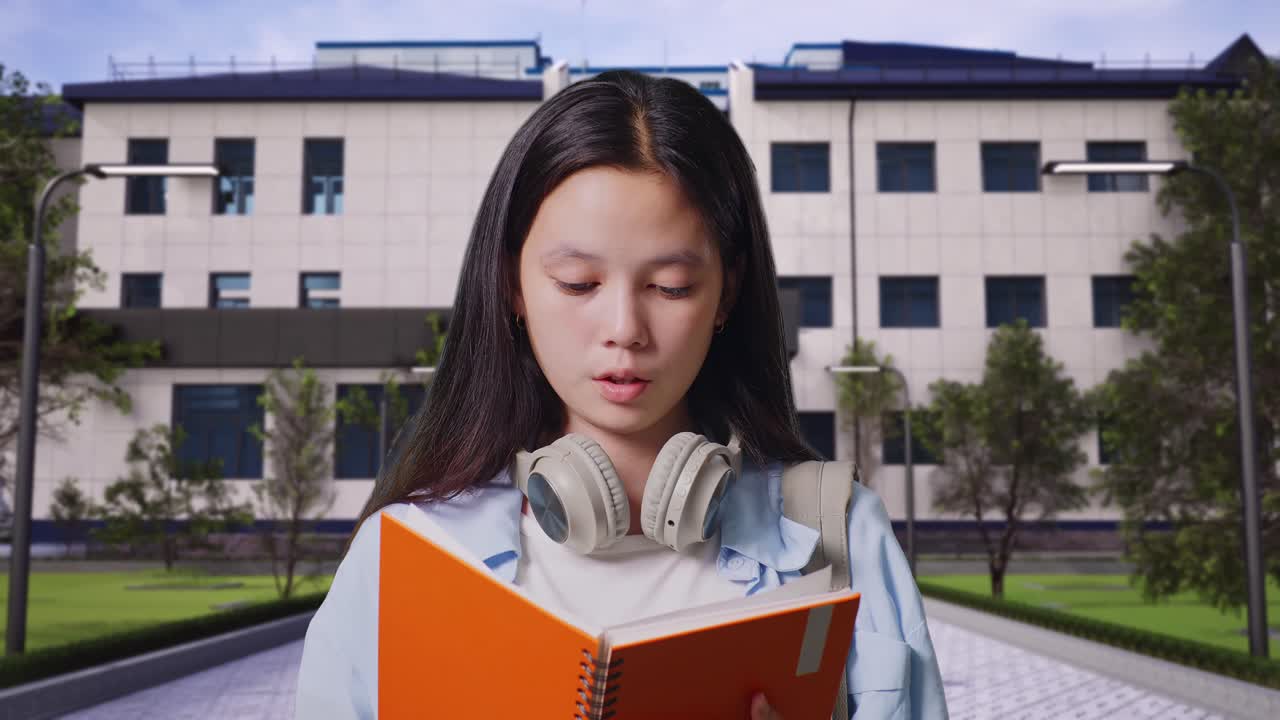 학교 건물 앞에 서서 책을 읽고 두통을 고 있는 아시아 십대 소녀 학생의 근접 사진