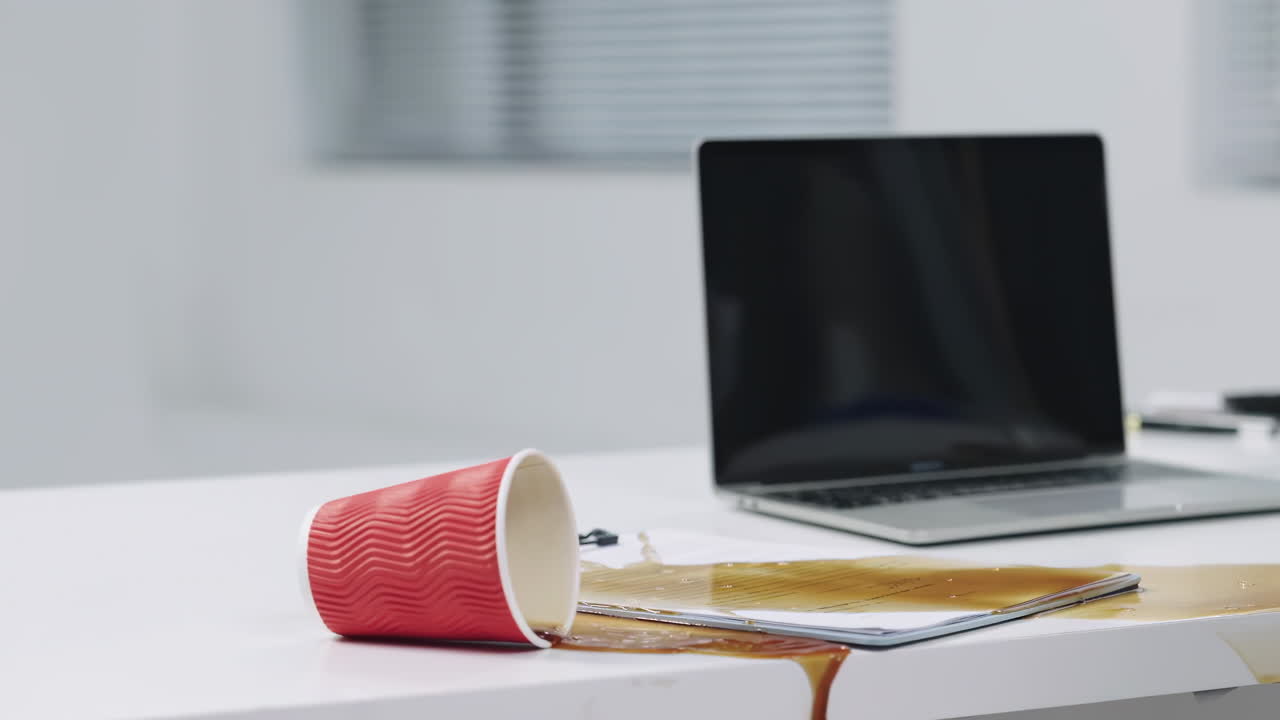 Junger Geschäftsmann verschüttet Kaffee auf Unterlagen bei der Arbeit mit dem Laptop-PC. Ein Vorfall, der Technikschaden und den Stress eines männlichen Mitarbeiters nach einem Heißgetränke-Unfall, einem Fehler, Problem oder einer Krise zeigt.