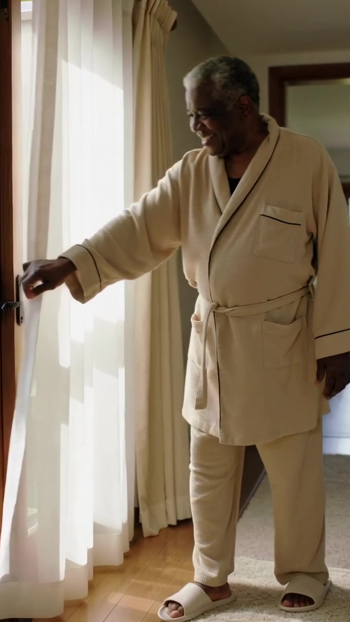 Vertical video: Smiling man in robe moving to door at home drawing curtain, reaching to greet guest