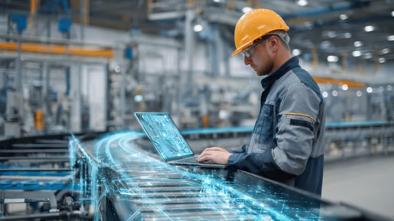 A Worker in a Safety Helmet Analyzing Data on a Laptop in a Modern Manufacturing Facility with High-Tech Automated Machinery in the Background