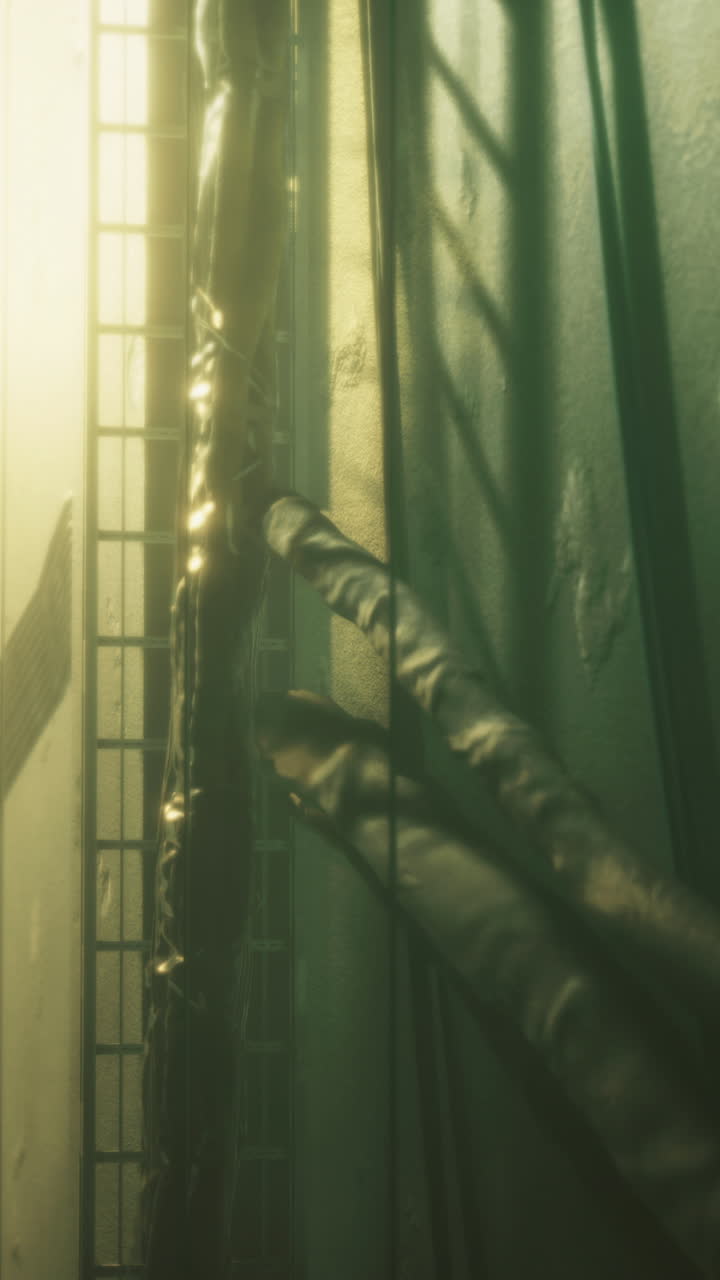 Golden light filtering through hanging fabric in an urban environment