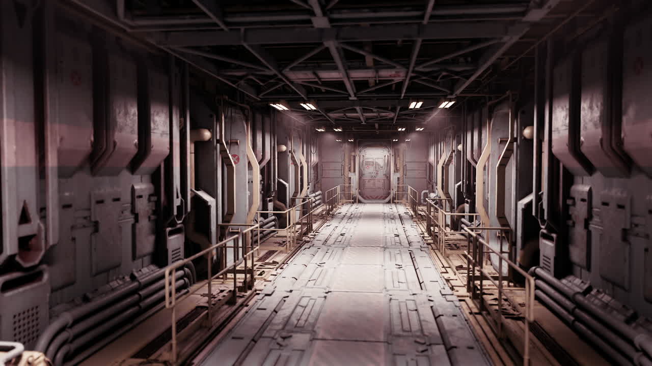 Futuristic corridor in a dimly lit industrial complex