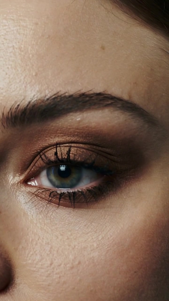 Vertical video: Light turning on, model holding steady gaze on set, showing bronze eyeshadow, liner