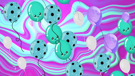 animación de iconos de globos sobre un fondo líquido de colores.