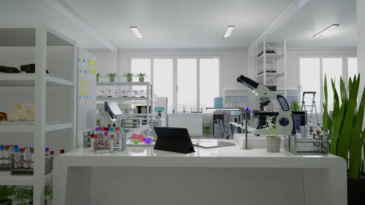 Modern Empty Biological Applied Science Laboratory With Technological Microscopes, Glass Test Tubes, Micropipettes