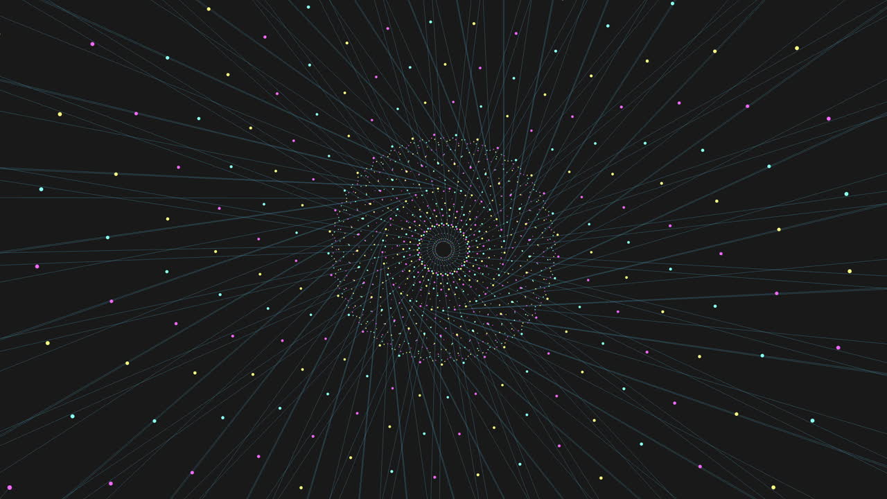 Connected neon small dots and lines in circles on dark space