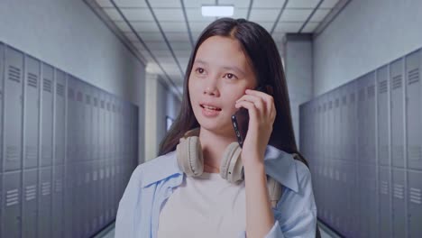 close up of asian teen girl student with a backpack talking on smartphone while standing in corridor