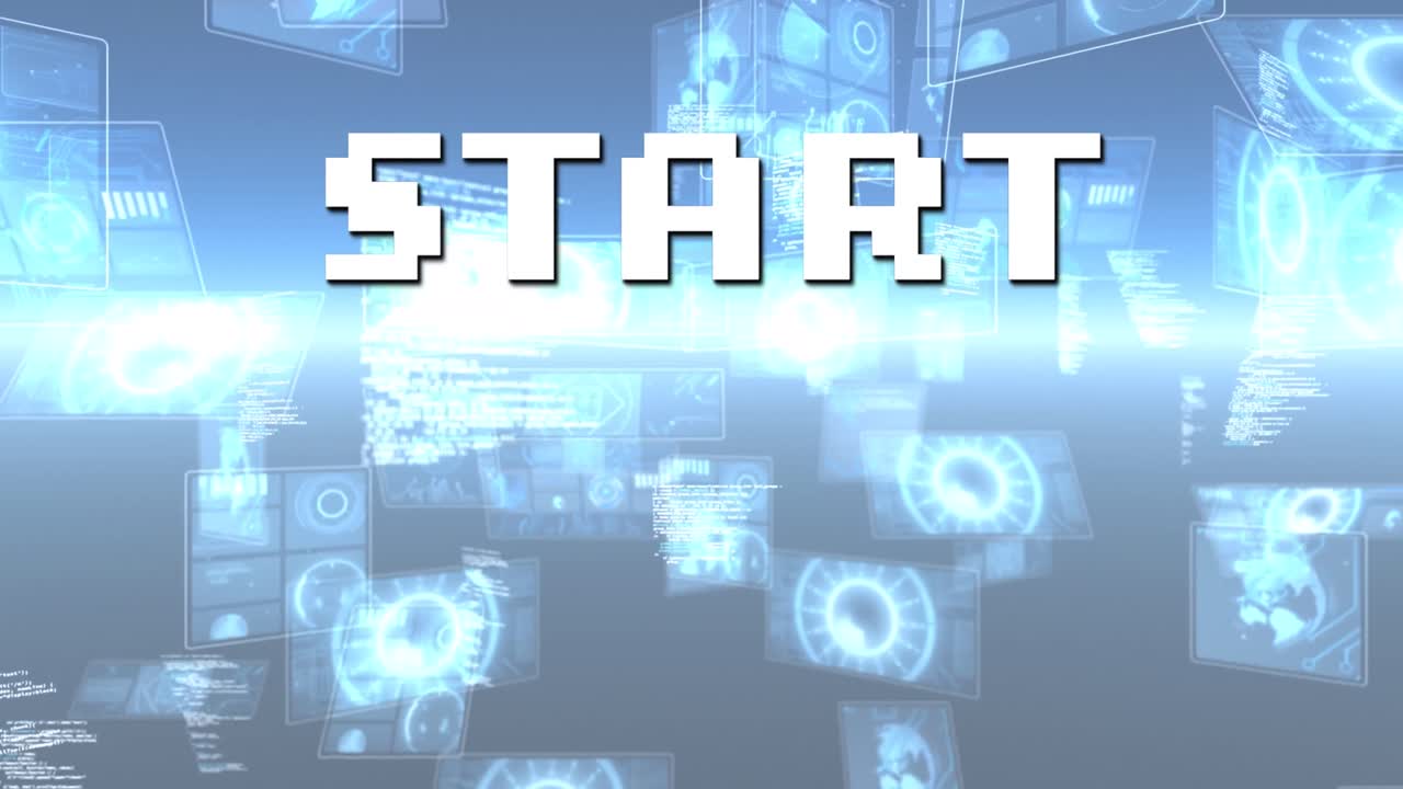 Animation of start text over scope scanning and data processing