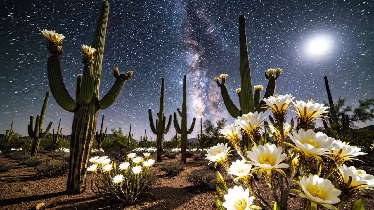 Saguaro Cactus Flowers at Night Under the Milky Way