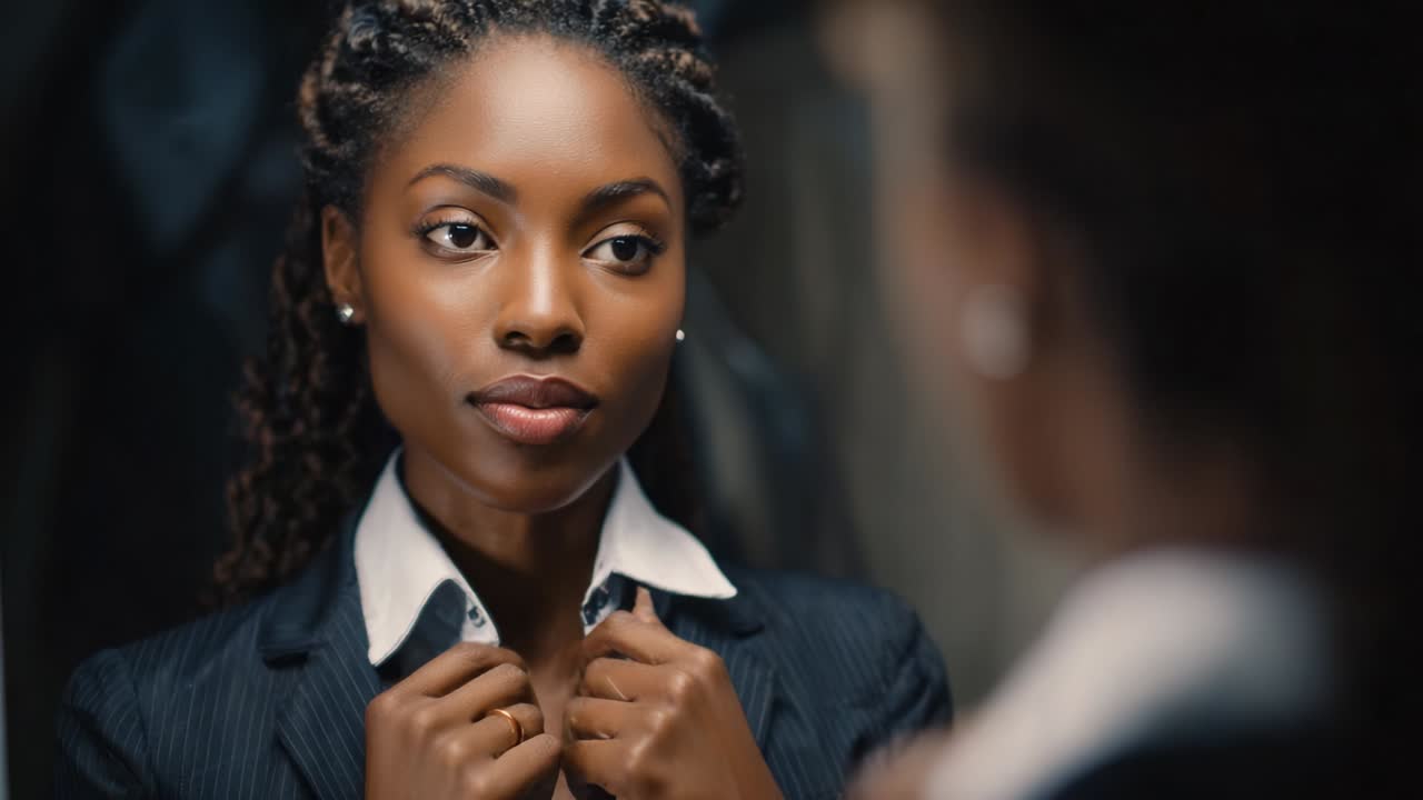 A confident woman adjusts her collar while gazing thoughtfully into the mirror, reflecting determination and poise in her appearance and demeanor, with an inspiring aura radiating from her composure