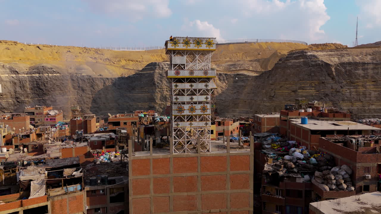 Drone looking down at trash-covered streets of Cairo