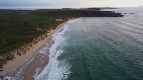 Waves-Rolling-in-onto-Sandy-Beach-on-Isle-of-Coll,-Hebrides,-Ariel-View