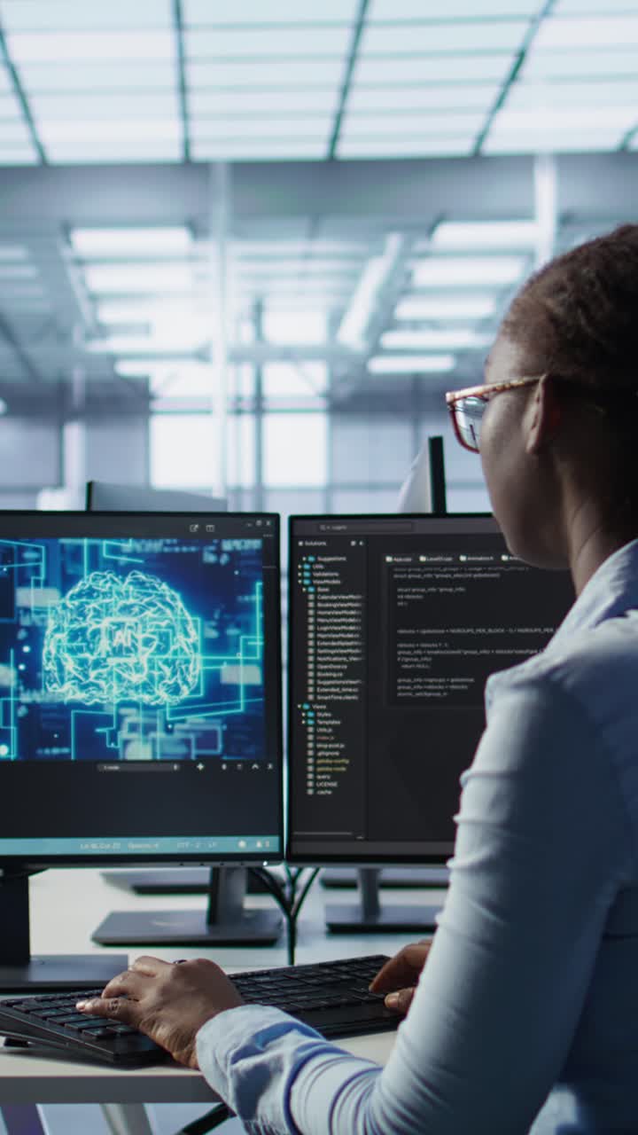 Woman Programmer Working on AI Software in Modern Office
