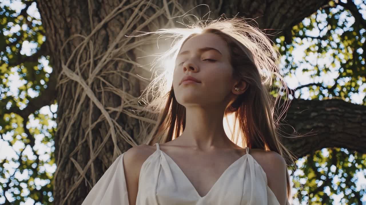 Young woman gazes upward with flowing hair, standing beside a textured tree trunk adorned with natural vines, capturing a moment of serene connection with nature's beauty and tranquility
