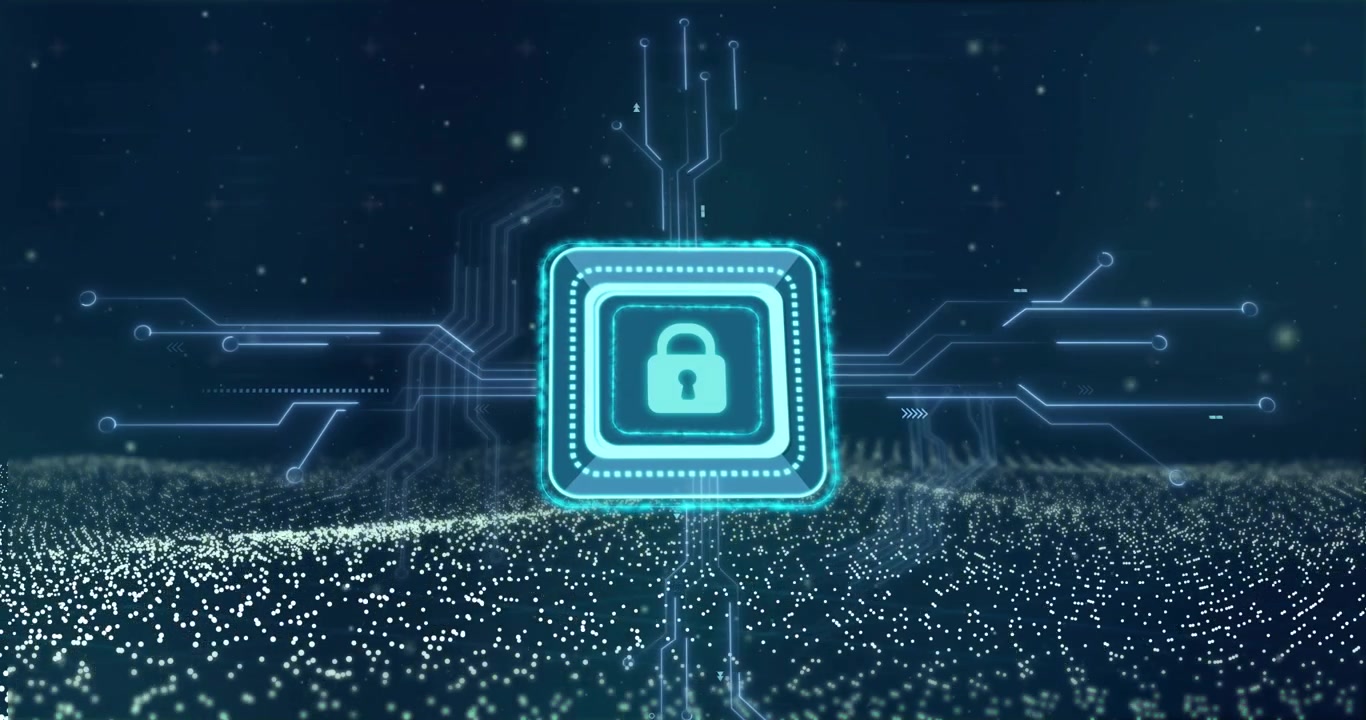 Glowing teal chip with padlock icon rotating and centering after data pulses, securing technology