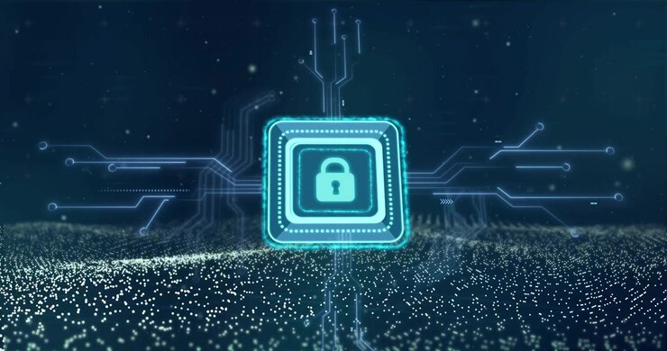 Glowing teal chip with padlock icon rotating and centering after data pulses, securing technology