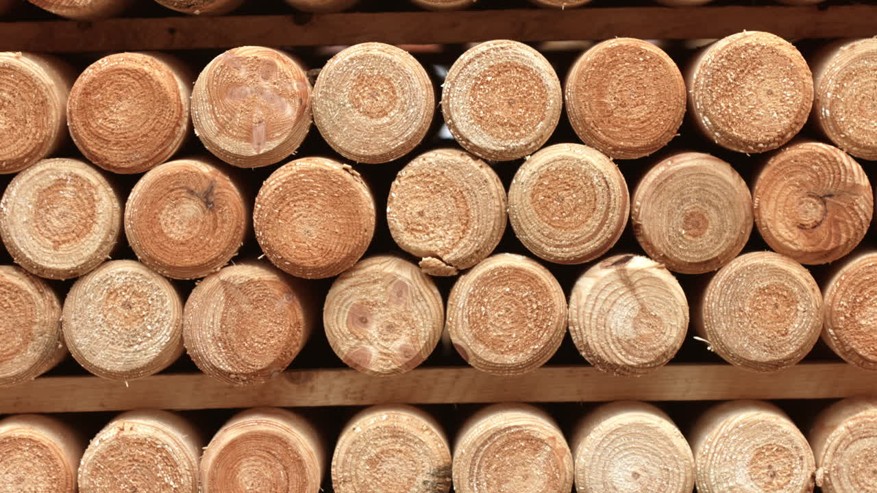 обработанные деревянные заготовки. обработанные древесные бревна на полке. вид спереди
