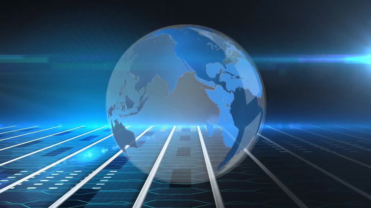 파란색 배경에 빛나는 선 위에 회전하는 지구의 애니메이션