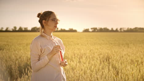 science agronomist with lab flask in wheat field. agriculture science scientist