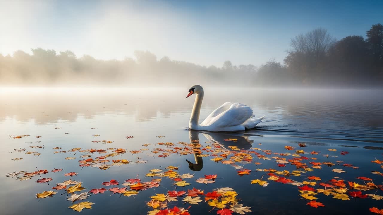 A Tranquil Scene of a Majestic Swan Gliding Through a Misty Lake Surrounded by Colorful Autumn Leaves in the Early Morning Light