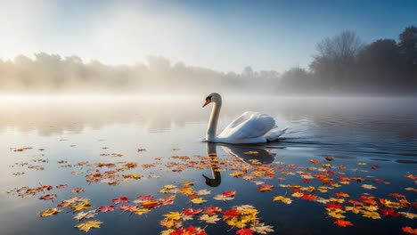 a tranquil scene of a majestic swan gliding through a misty lake surrounded by colorful autumn leaves in the early morning light