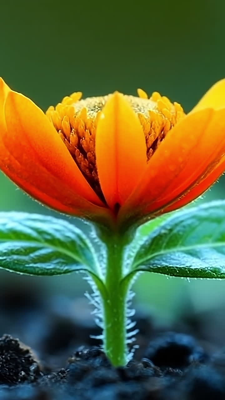 Beautiful orange flower blooming in soil. A vibrant orange flower stands out against the dark soil, glistening with dew droplets, showcasing nature's beauty.