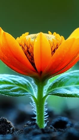 beautiful orange flower blooming in soil. a vibrant orange flower stands out against the dark soil, glistening with dew droplets, showcasing nature's beauty.