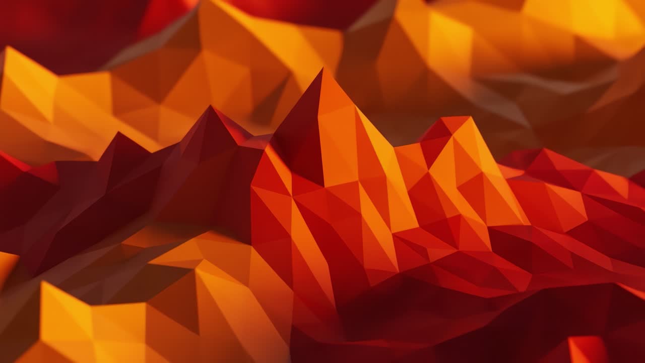 A Vibrant Abstract Landscape of Geometric Peaks and Valleys in Shades of Red and Orange, Capturing the Dynamic Flow of Light and Color