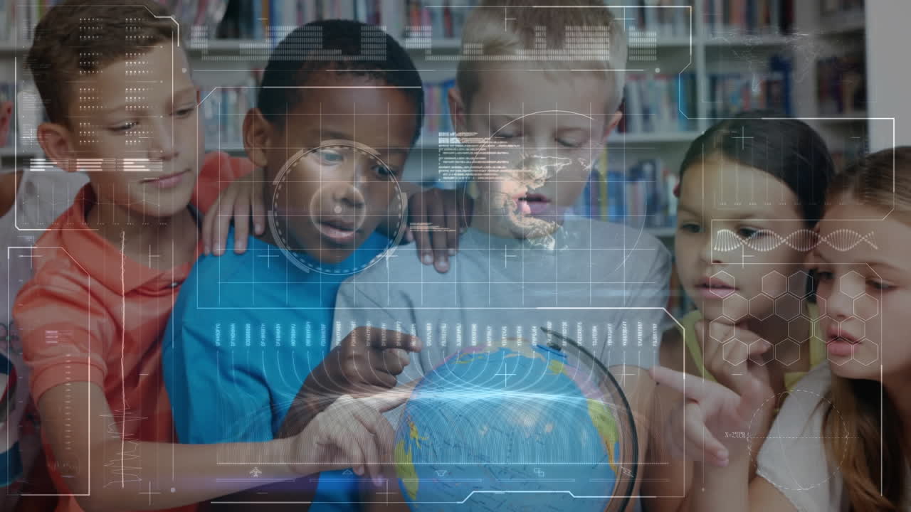 Animation of data processing over schoolchildren looking at globe in class