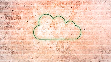 animación del icono de nube de neón brillante en la pared de ladrillo