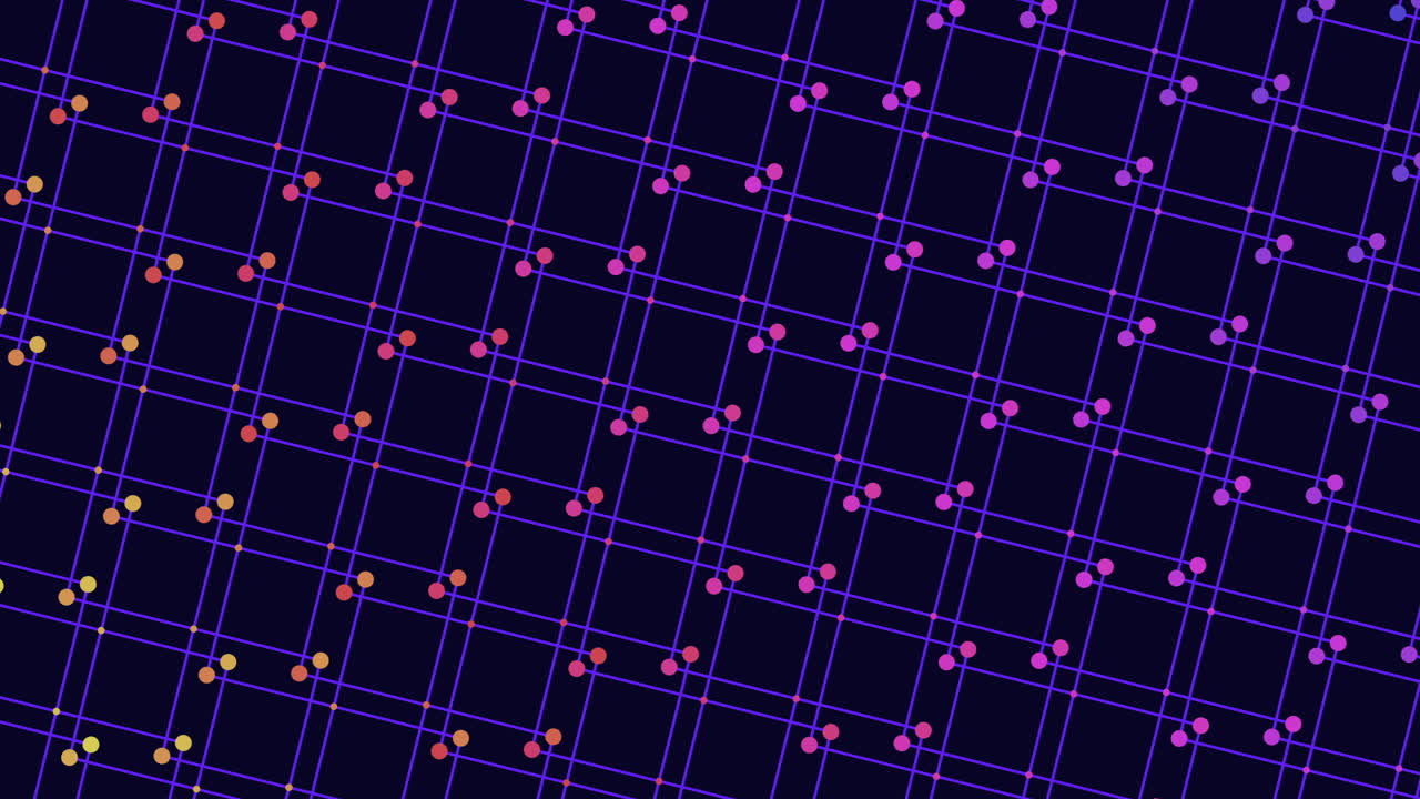 A striking geometric composition is depicted with a grid of blue and purple squares forming a diagonal pattern that shapes a central diamond motif