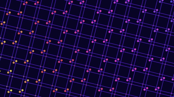 A striking geometric composition is depicted with a grid of blue and purple squares forming a diagonal pattern that shapes a central diamond motif