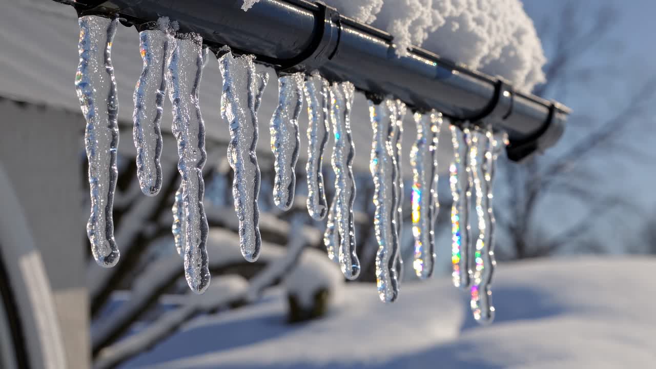 Close-up, low-angle shot of icicles hanging from a snow-covered gutter, capturing the sparkle