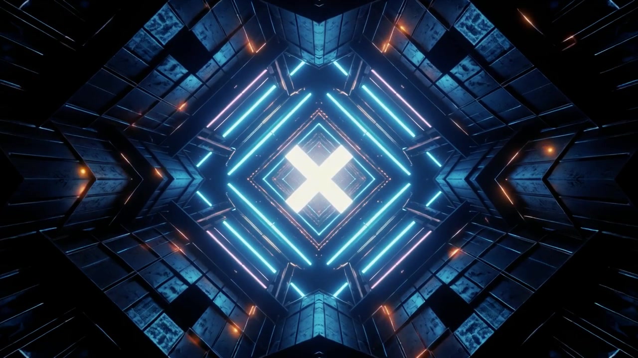 Tunnel Futuristico con Luci al Neon Blu Luminose e Motivi Geometrici