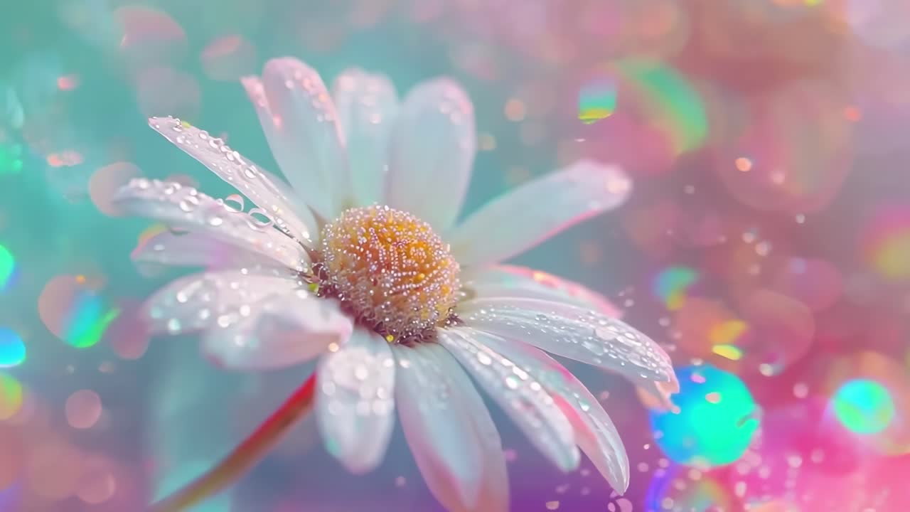 Close-up of a daisy with dew, surrounded by pastel bokeh lights, creating a dreamy, ethereal video