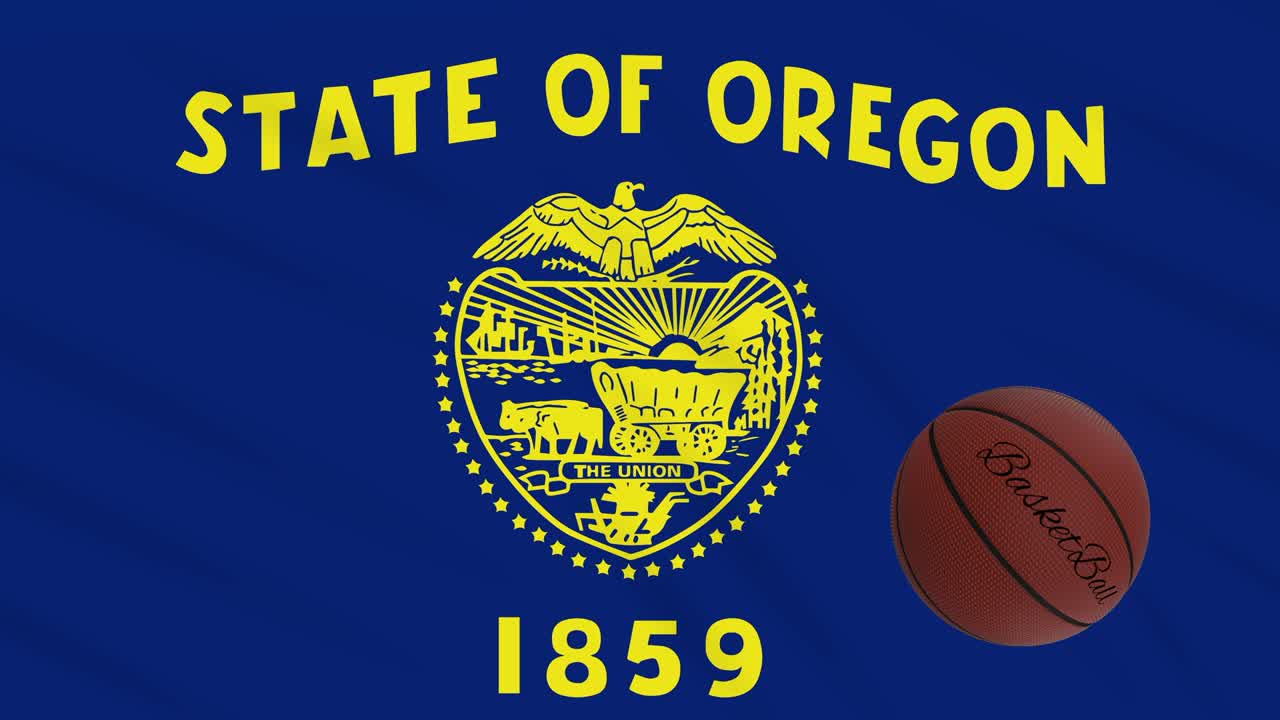 bandera de oregón agitando y la pelota de baloncesto gira, bucle