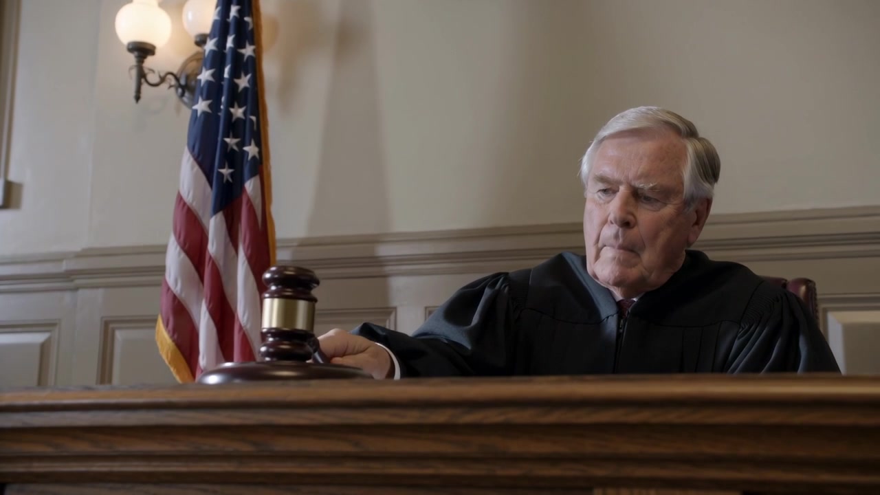 Raising gavel, senior judge bringing it down on block in courtroom, signaling order, wearing robe