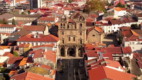 aerial zoom out of braga portugal old town city center famous travel destination