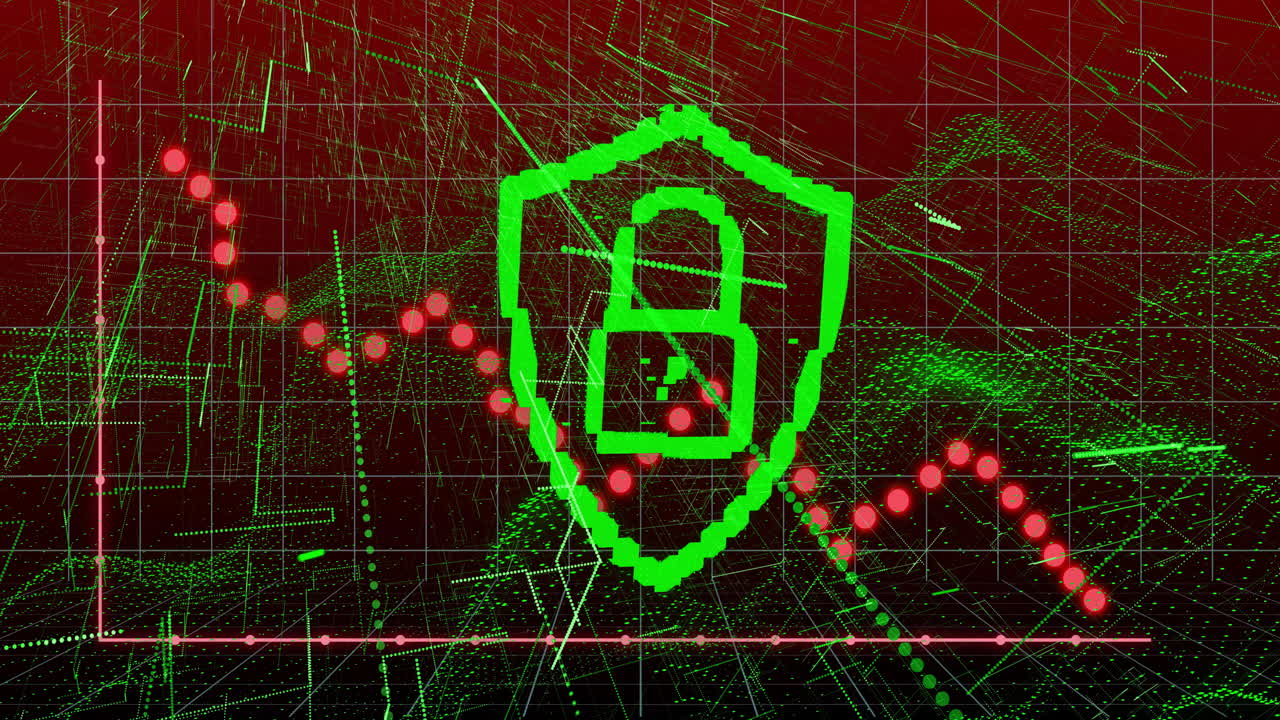 Animation of digital security lock icon over stock market graph in school setting