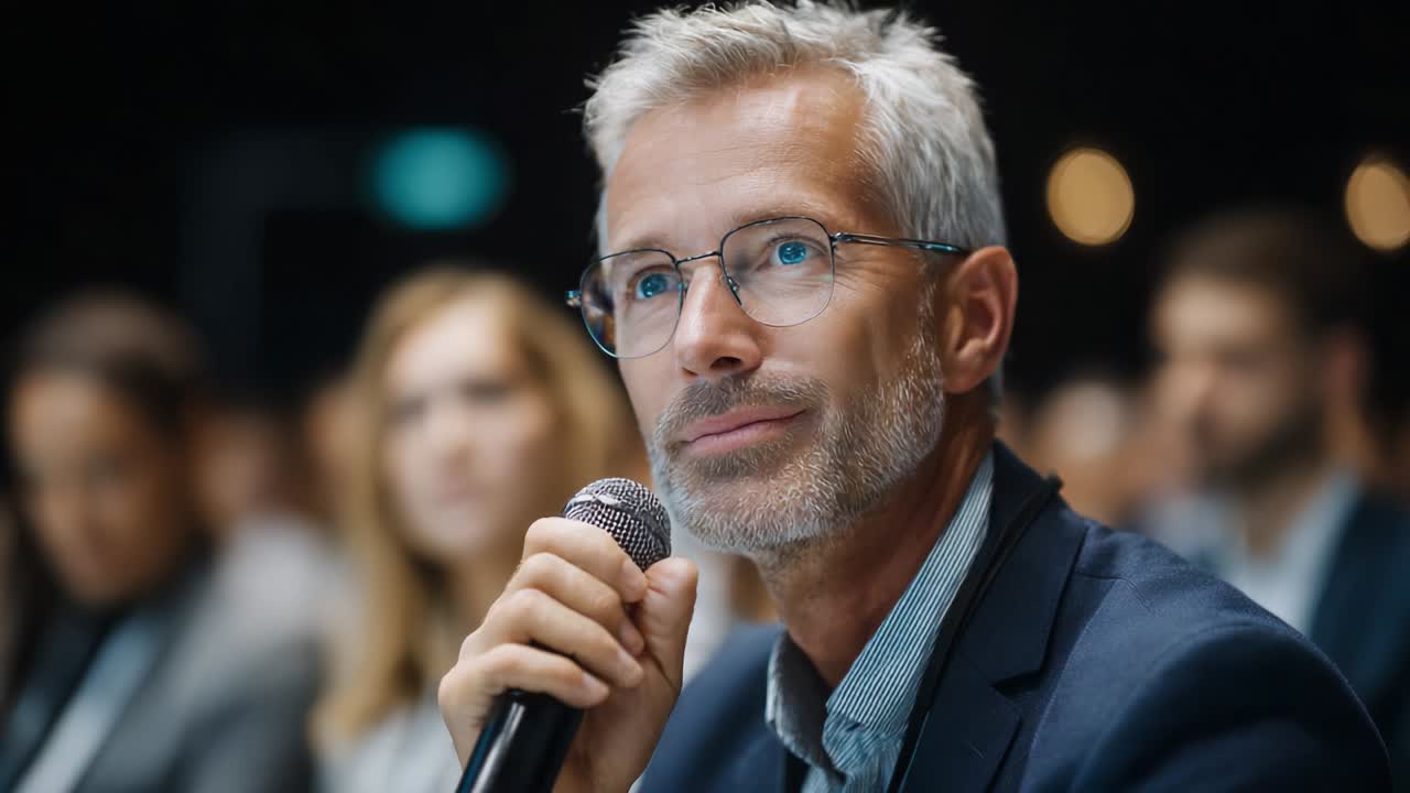 Engaged Speaker Discussing Ideas at a Conference, Demonstrating Insightful Communication and Active Participation with Microphone in Hand, Captivating Audience's Attention with Thoughtful Questions