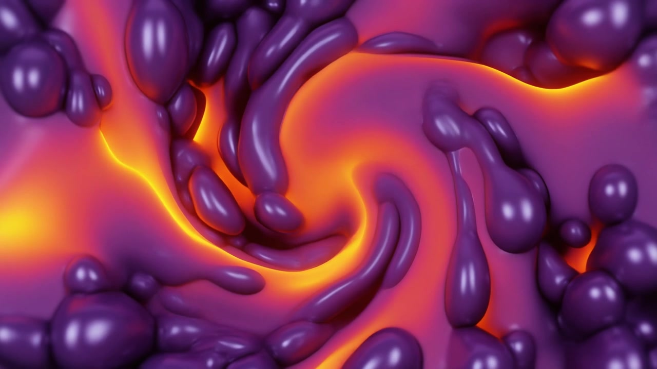 Animazione 3D Astratta di Liquido Viola Vorticoso e Nucleo Arancione Incandescente