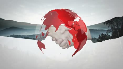 Animation-of-globe-over-businesswoman-handshake