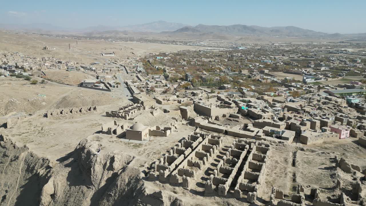 Aerial establishing drone flight at Citadel of Ghazni Afghanistan medieval fortress location