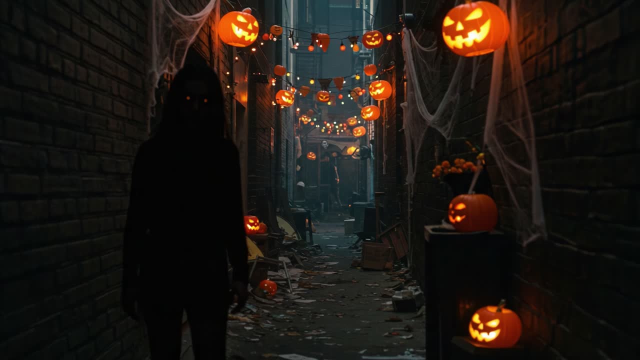 A Mysterious Figure Emerges in a Spooky Alleyway Adorned with Jack-o'-Lanterns and Cobwebs, Perfectly Capturing the Essence of a Chilling Halloween Night