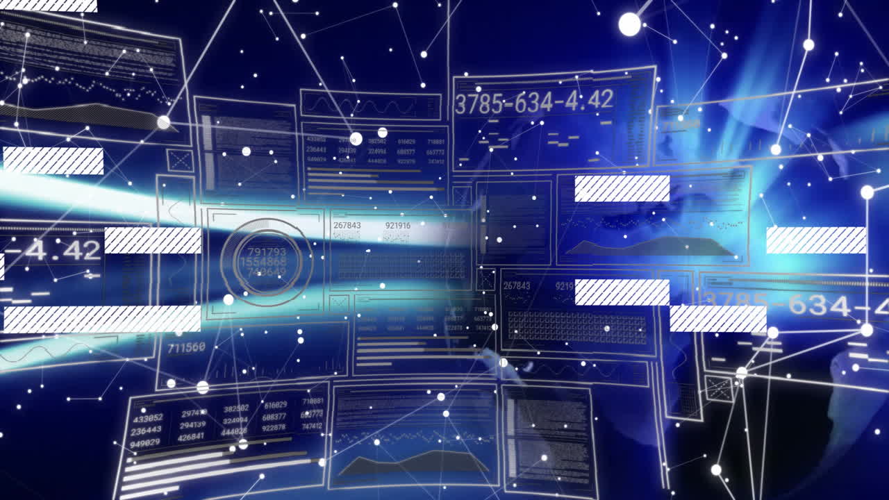 Animation showing digital interface processing numbers over abstract blue background