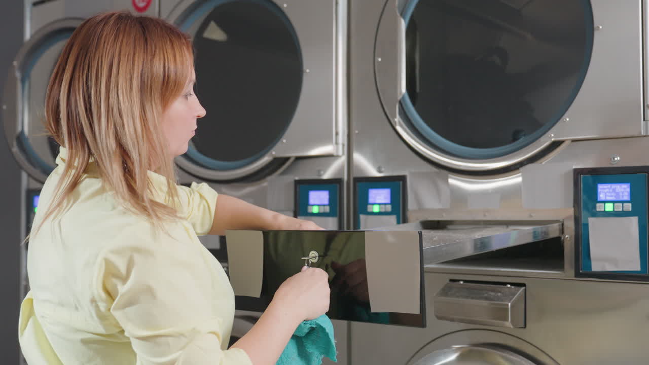 Manager returns cleaned lint filter into drawer of industrial washer, guiding mesh panel with turquoise towel, routine maintenance inside laundromat, stainless units lined in row, hygiene focus