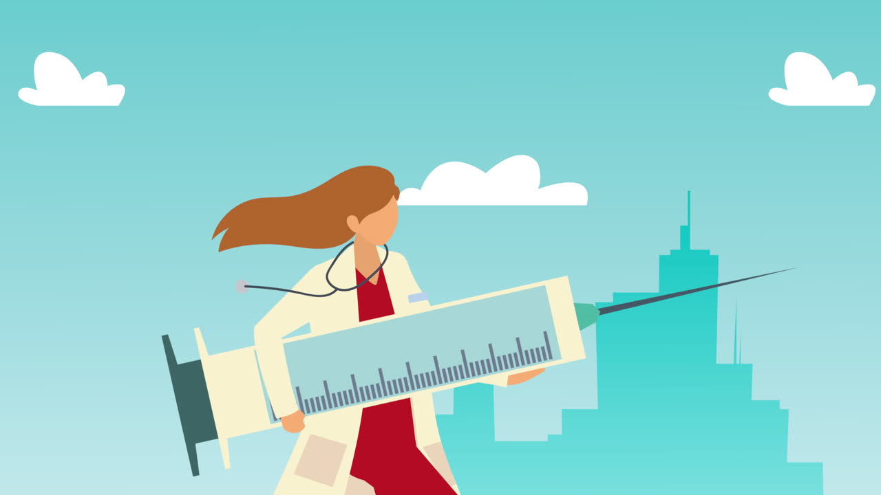 doctora con una jeringa de vacuna en la ciudad.