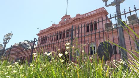 the pink house low angle view over wild greenery, travel landmark of argentina