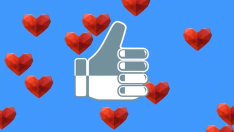 digital animation of thumbs up icon against multiple hearts floating against blue background